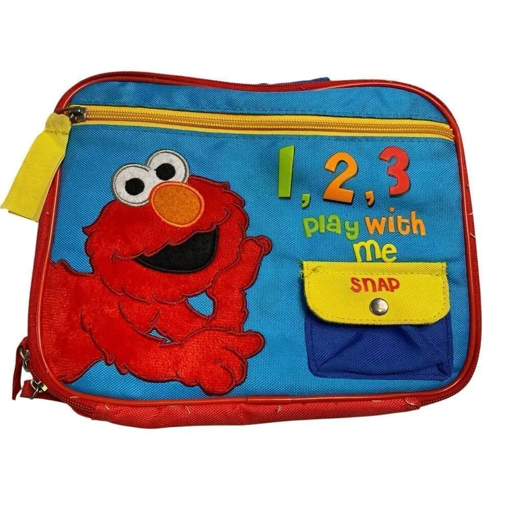 Lot of 2 Vintage Sesame Street Elmo Lunch Box Bag Stuffed Animal Plush Cartoon